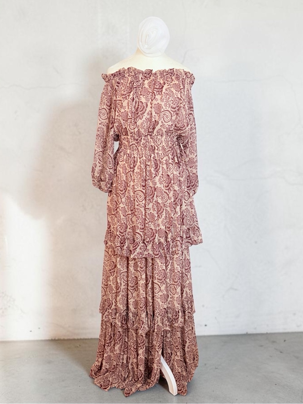 cinq a sept silk Off-Shoulder Paisley Maxi Dress in Dusty Rose